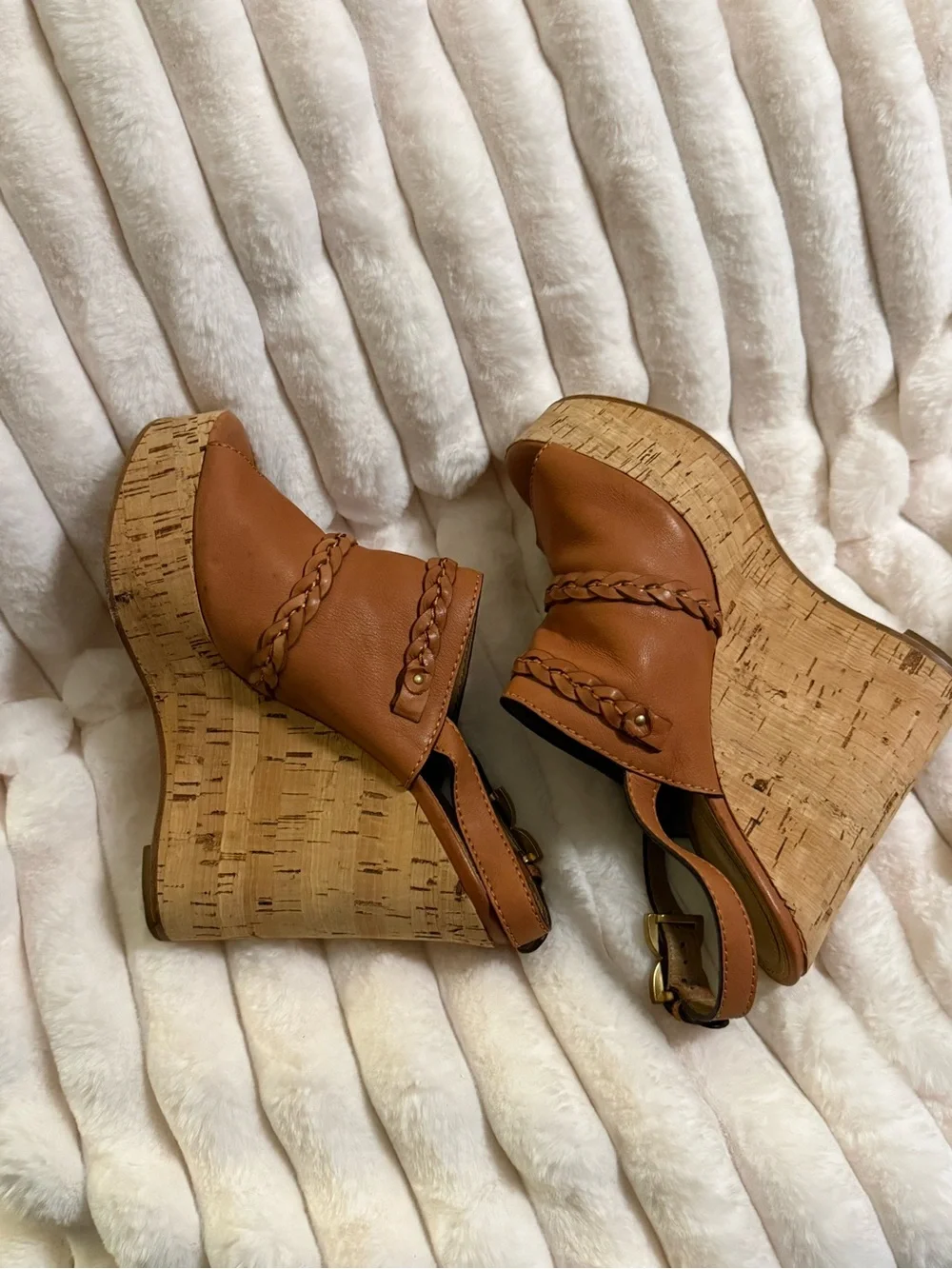 Chloe Brown Leather Cork Wedge Sandals with Braided Straps